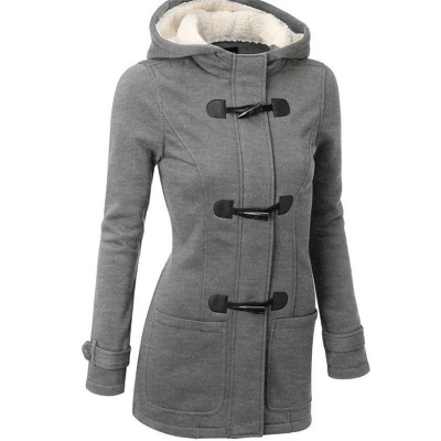 Women's Horn Button Coat Thick Hooded Blended Cotton Jacket 31 