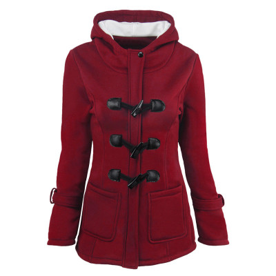 Women's Horn Button Coat Thick Hooded Blended Cotton Jacket 31 