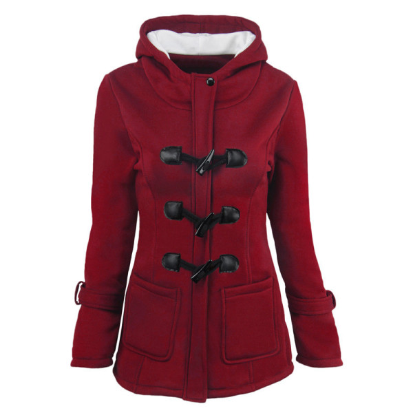 Women's Horn Button Coat Thick Hooded Blended Cotton Jacket 31 