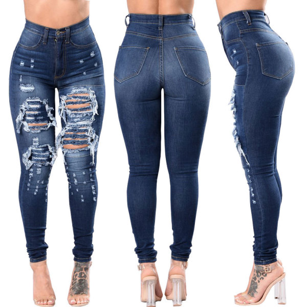 Women's new style ripped high waist elastic jeans pencil pants 42