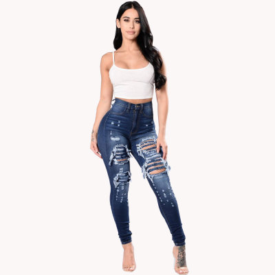 Women's new style ripped high waist elastic jeans pencil pants 42