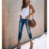 Women's Retro High Waist Elastic Ripped Small Feet Slim Jeans 107