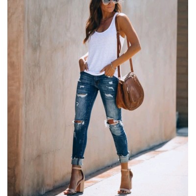 Women's Retro High Waist Elastic Ripped Small Feet Slim Jeans 107
