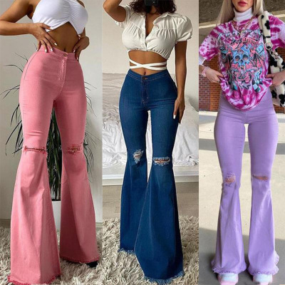 women's ripped washed wide leg flared jeans 18