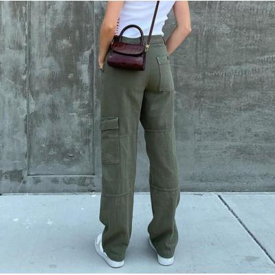 Women's street retro style forest color pocket loose jeans 34