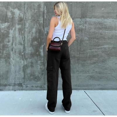 Women's street retro style forest color pocket loose jeans 34