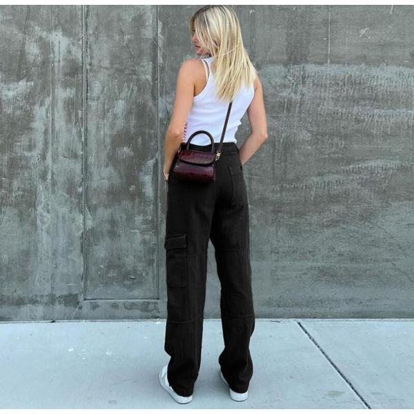 Women's street retro style forest color pocket loose jeans 34
