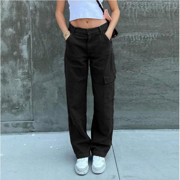 Women's street retro style forest color pocket loose jeans 34