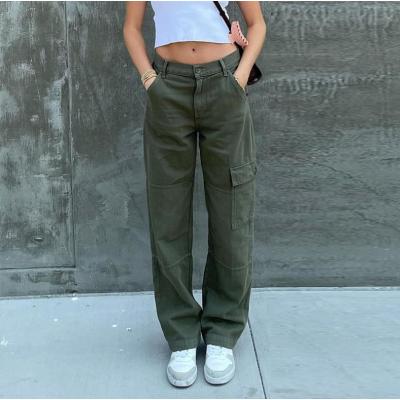 Women's street retro style forest color pocket loose jeans 34