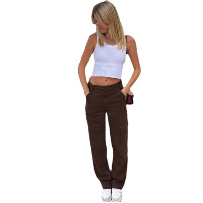 Women's street retro style forest color pocket loose jeans 34