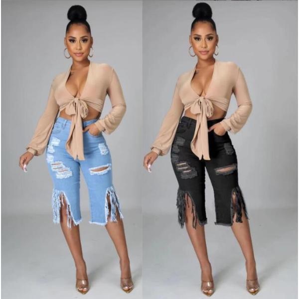 Women's Tassel Ripped Stretch Cropped Jeans 36