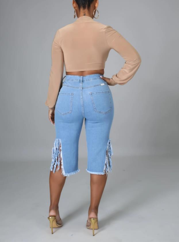 Women's Tassel Ripped Stretch Cropped Jeans 36
