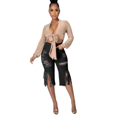 Women's Tassel Ripped Stretch Cropped Jeans 36