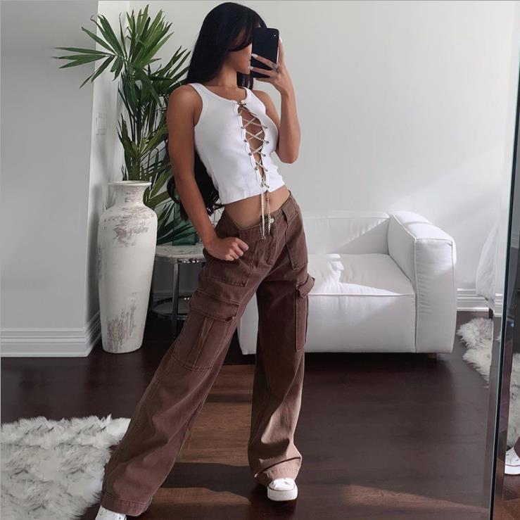 Women's trousers solid color pocket splicing basic casual loose 90